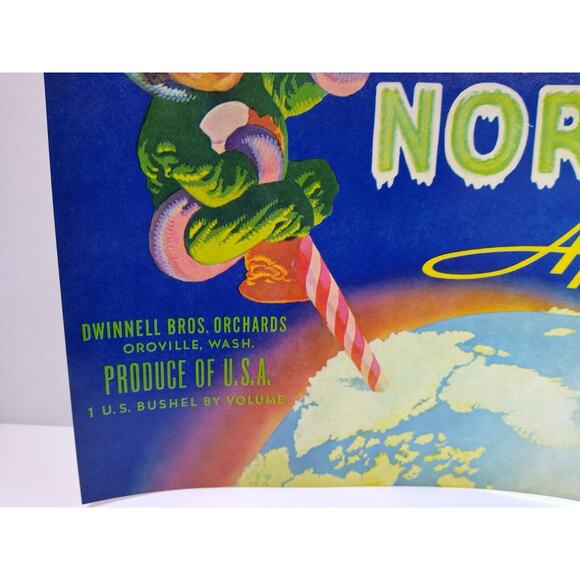 Up North Apples Crate Label Child Climbs The North Pole Original Vintage 1950's - Picture 4 of 4